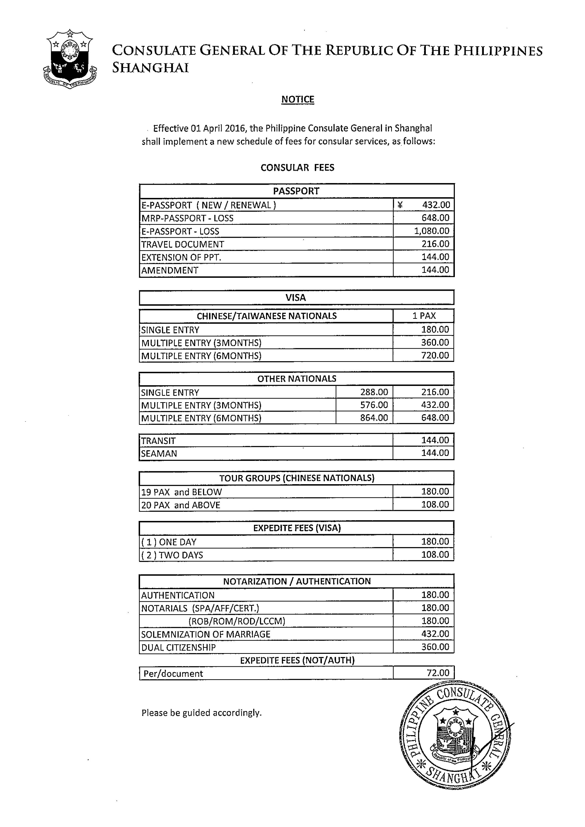 NOTICE Consular Fees 
