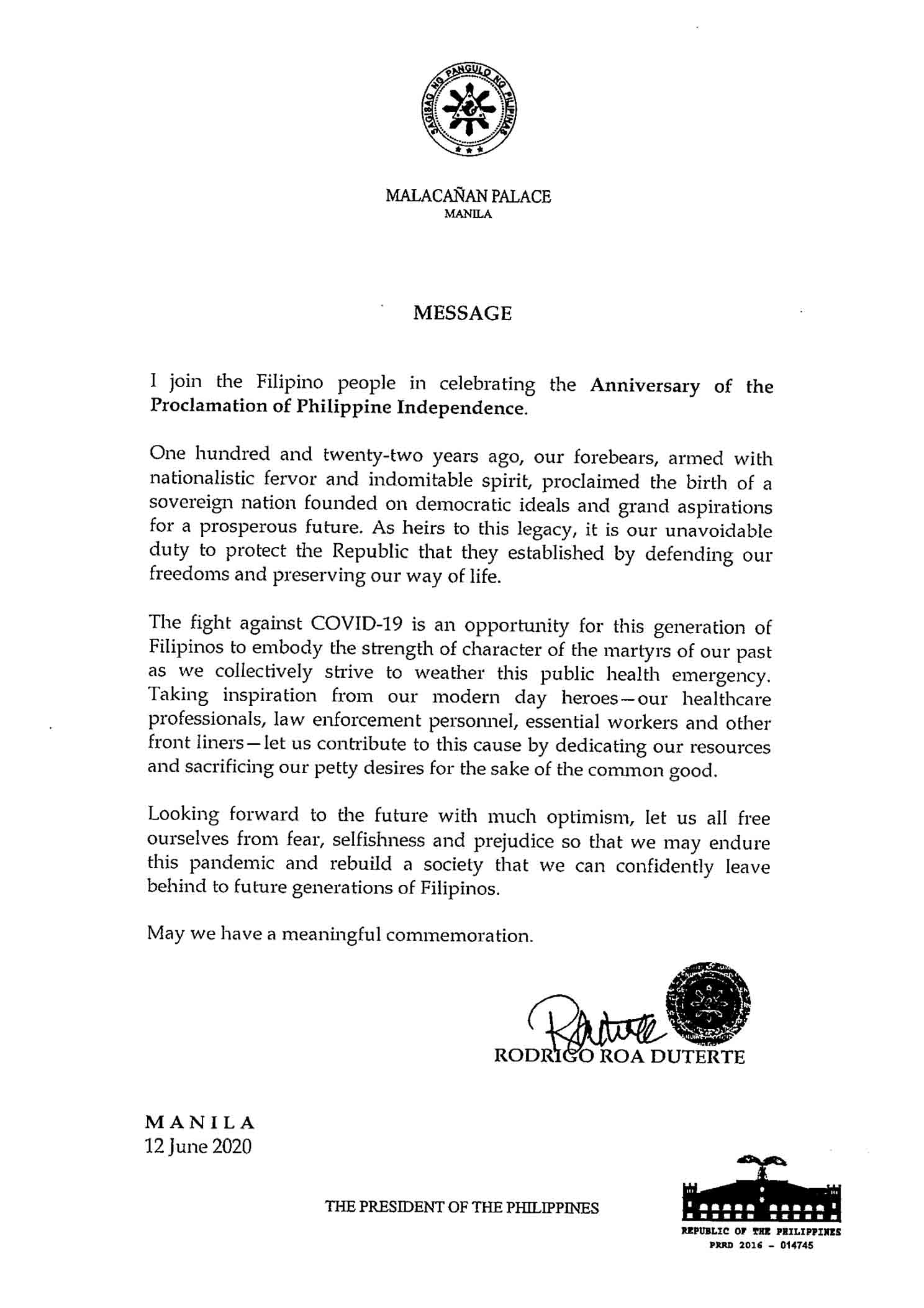 ADVISORY Message on the 122nd Anniversary of the Proclamation of Philippine Independence5