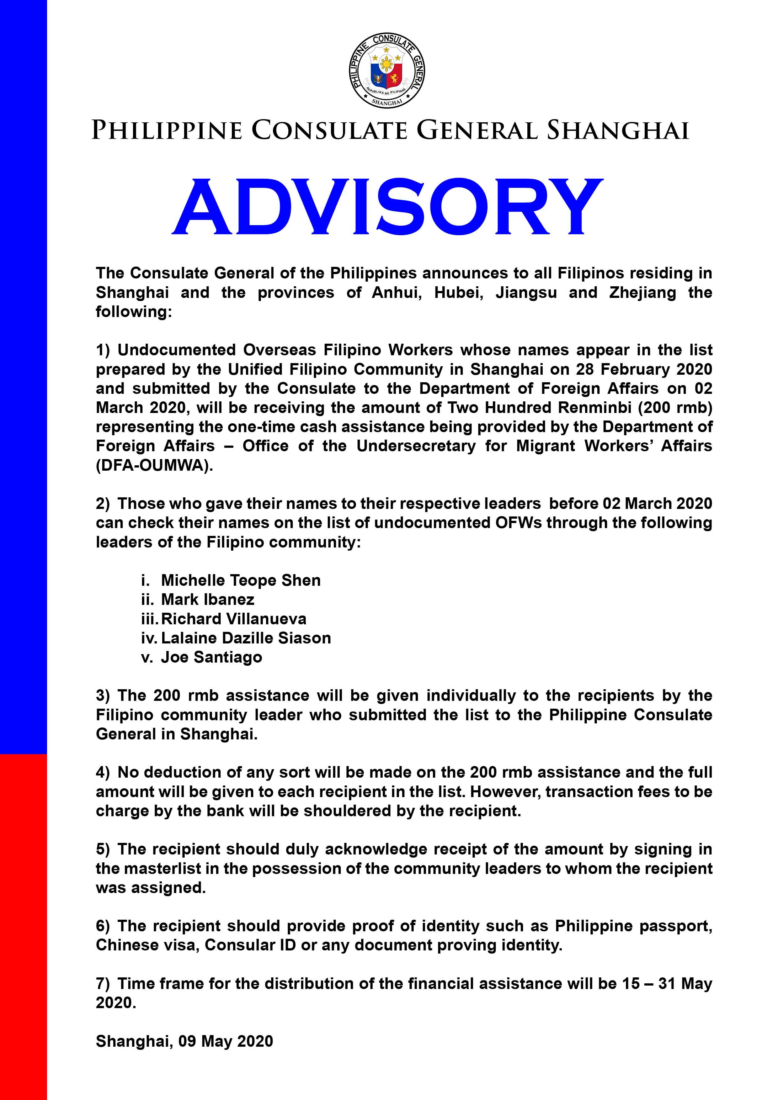 ADVISORY One Time Financial Assistane for Undocumented OFWs