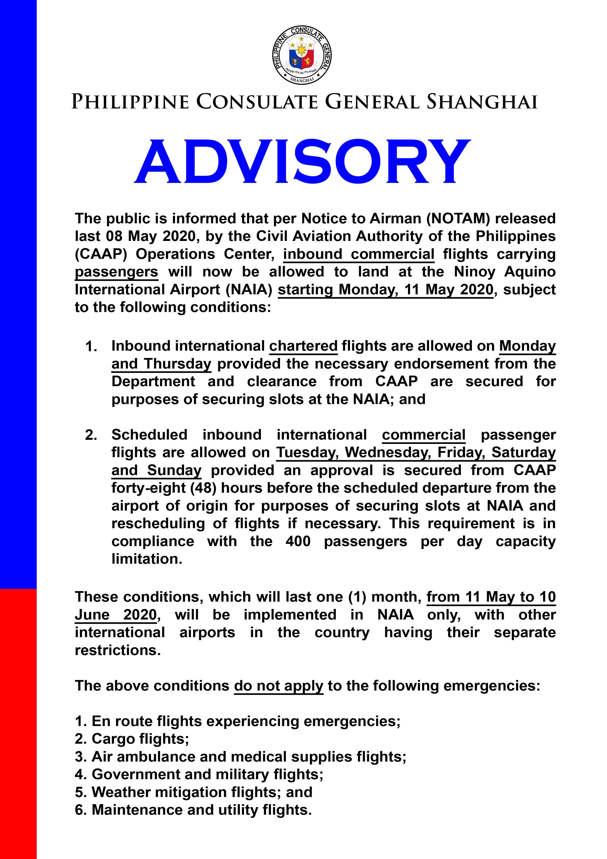 ADVISORY Opening of NAIA for International Inbound Commercial Flights Carrying Passengers