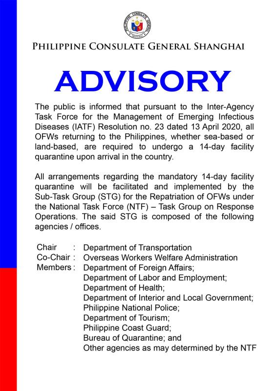 Advisory OFWs Returning for a 14 Day Facility Quarantine