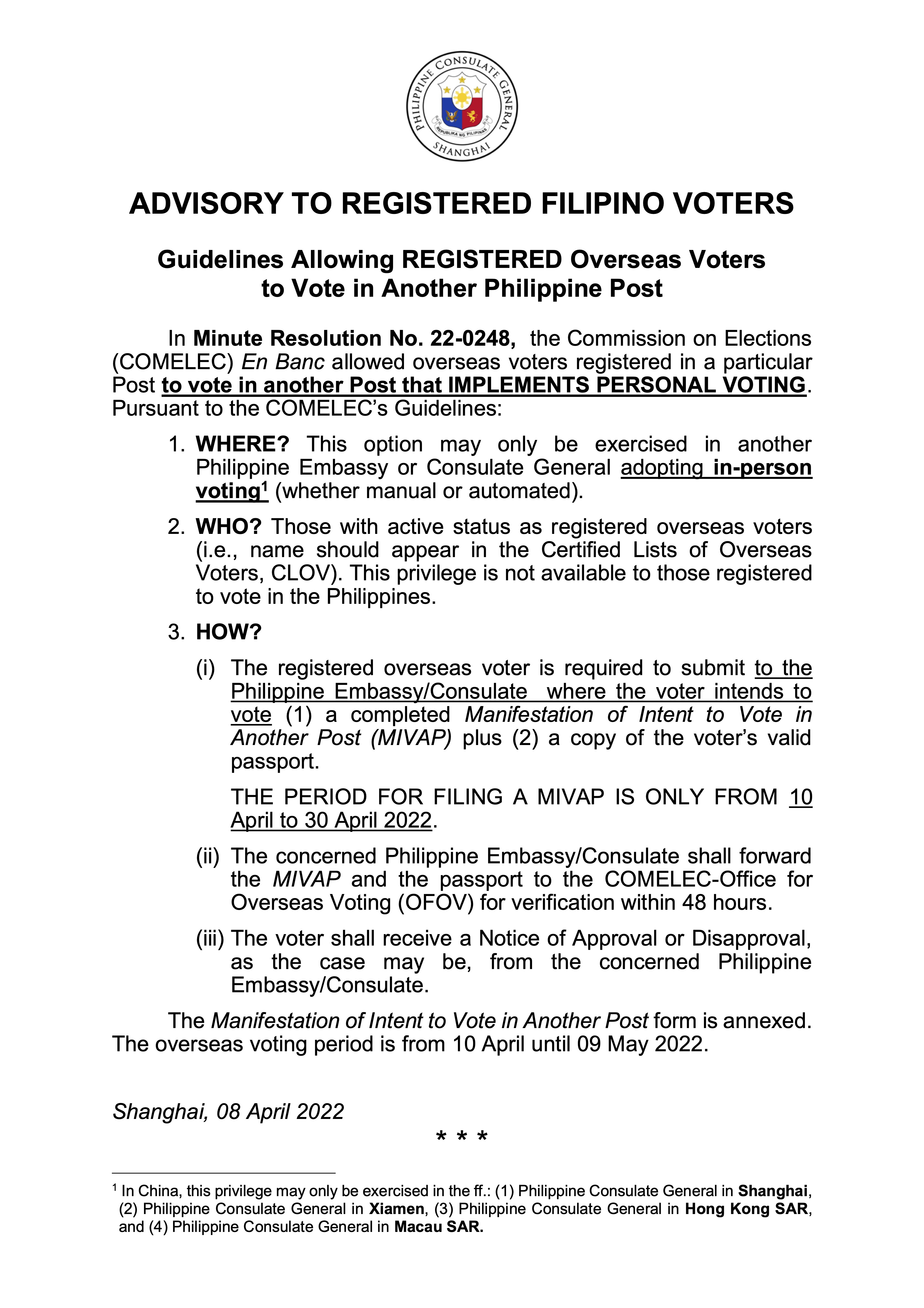 Advisory Option and Intent to Vote at Another FSP 