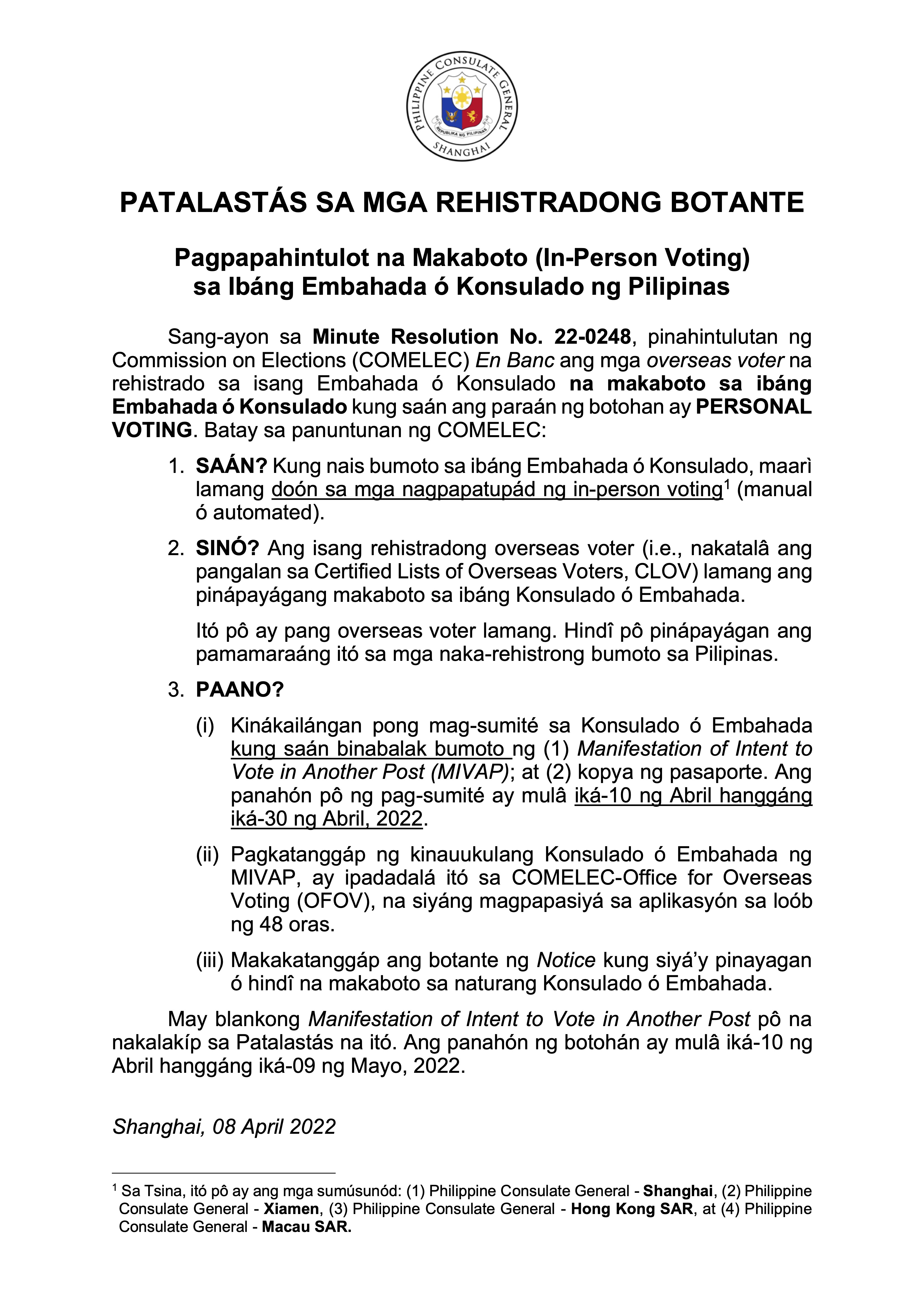 Advisory Option and Intent to Vote at Another FSP Tagalog 